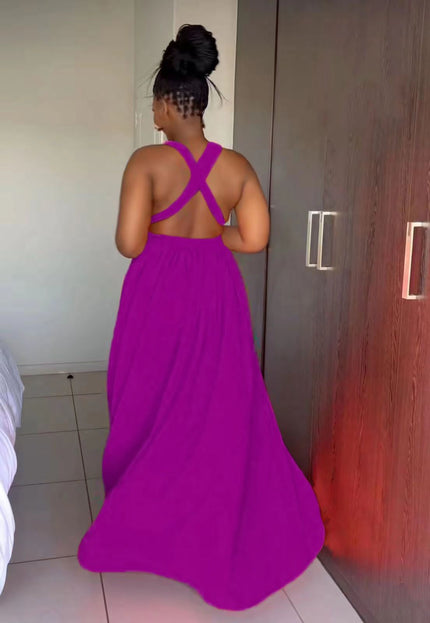 Purple halter maxi dress with crisscross back straps and plunging neckline