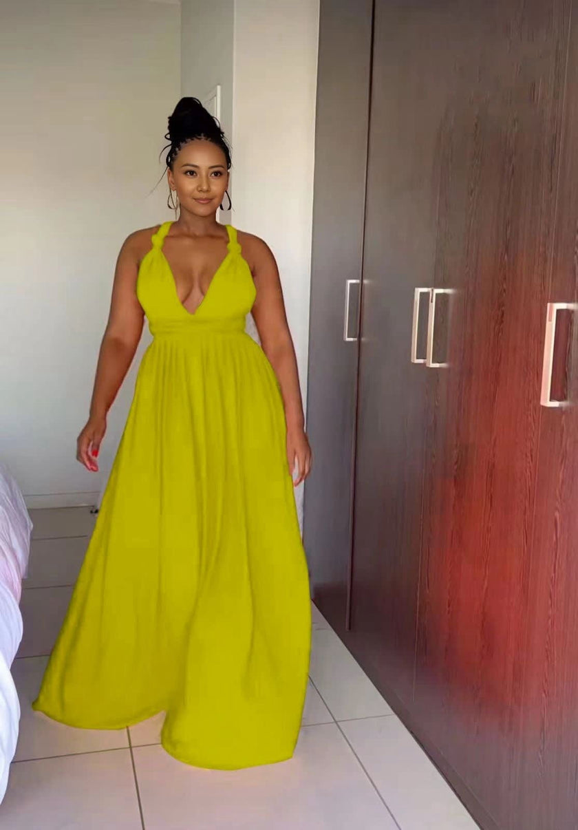 Lime green halter maxi dress with plunging V neckline and gathered full skirt