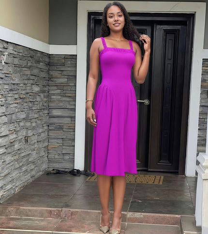 Magenta pleated maxi dress with square neckline and gathered straps