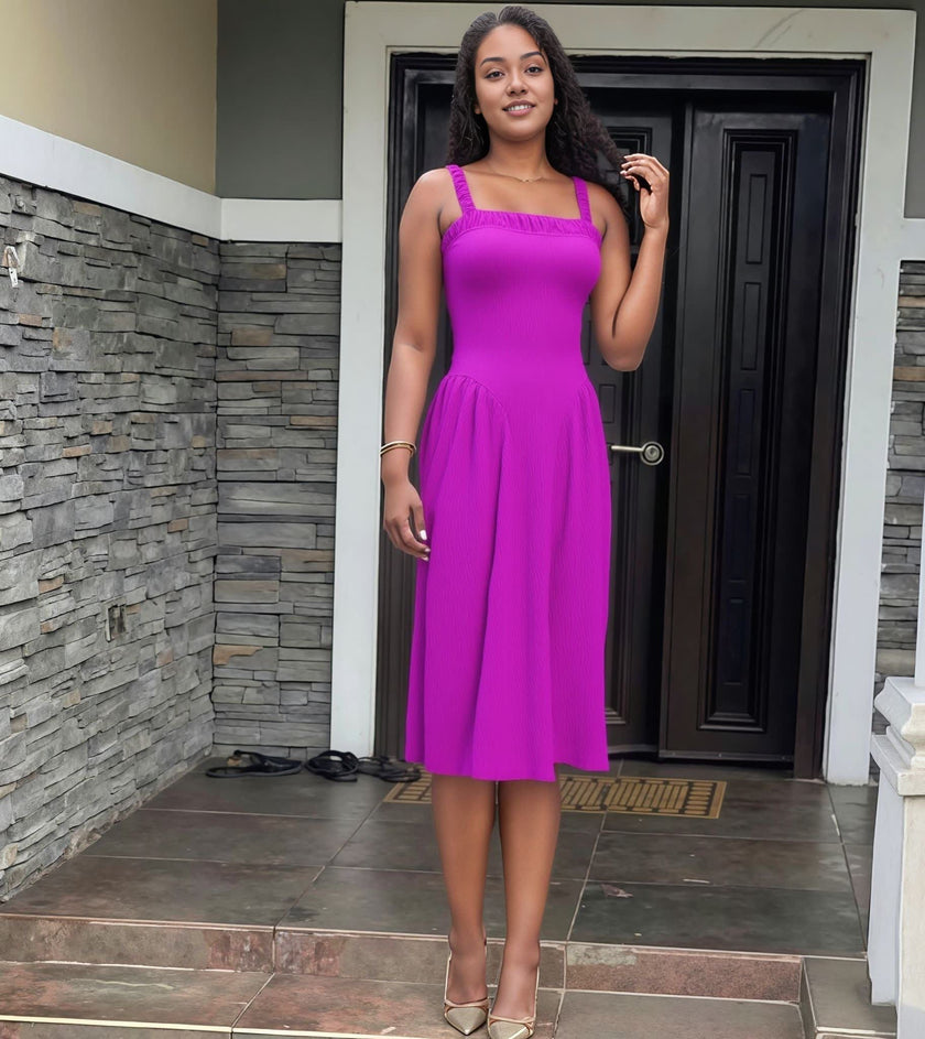 Magenta pleated maxi dress with square neckline and gathered straps