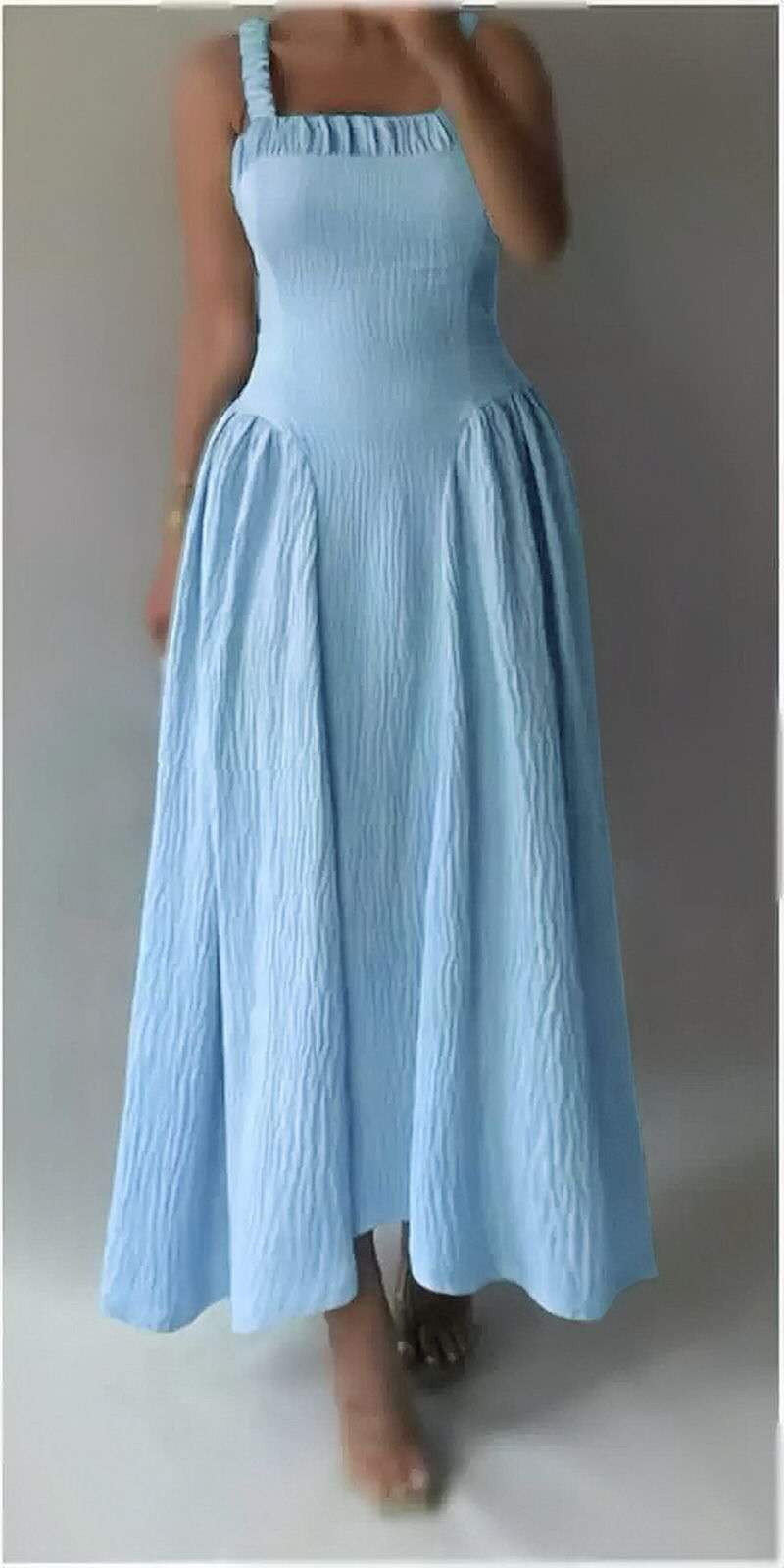 Sky-blue pleated maxi dress with square neckline and gathered straps
