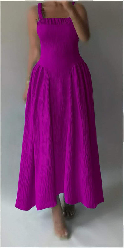 Magenta pleated maxi dress with square neckline, gathered straps, and full skirt