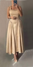 Square Neck Pleated Maxi Dress with Gathered Straps