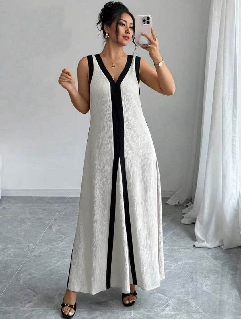 White sleeveless V-neck maxi dress with black stripe panel, full skirt