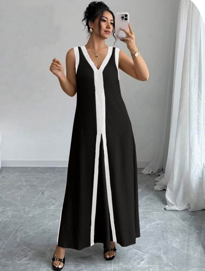 Black sleeveless V-neck maxi dress with white stripe panel, full skirt