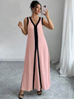 Pink sleeveless V-neck maxi dress with black stripe panel, full skirt