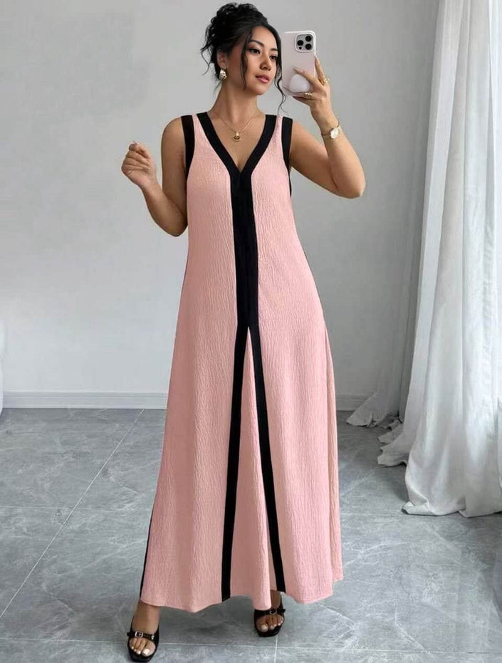 Pink sleeveless V-neck maxi dress with black stripe panel, full skirt
