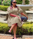 Khaki puff sleeve A-line dress with ruched bodice and gathered skirt