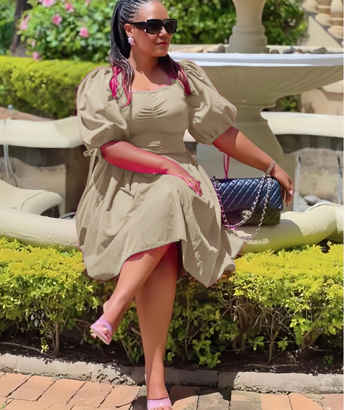 Khaki puff sleeve A-line dress with ruched bodice and gathered skirt