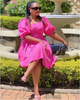 Women's Puff Sleeve Dress with Ruched Bodice and A-Line Skirt