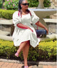 Women's Puff Sleeve Dress with Ruched Bodice and A-Line Skirt