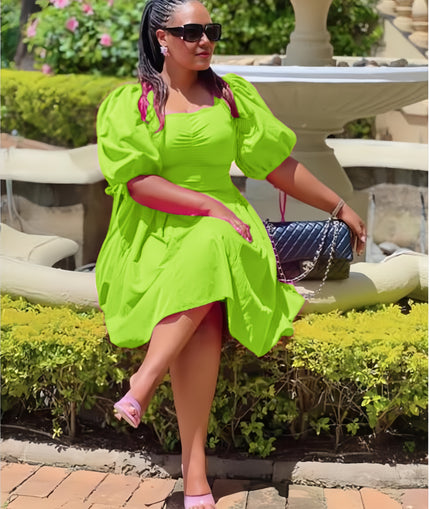 Women's Puff Sleeve Dress with Ruched Bodice and A-Line Skirt