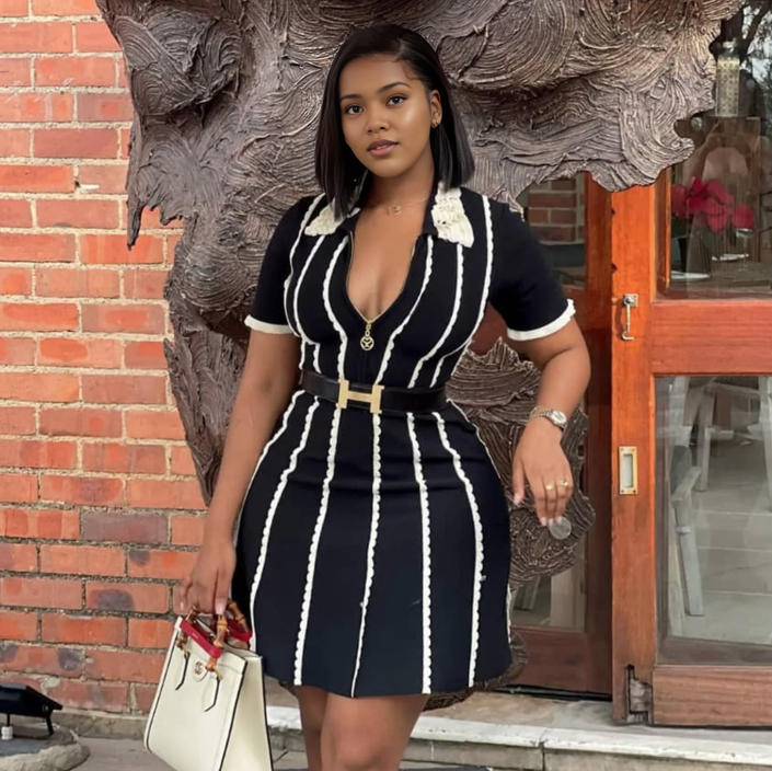 Black striped V-neck dress with scalloped lace neckline, short sleeves, and gold waist belt