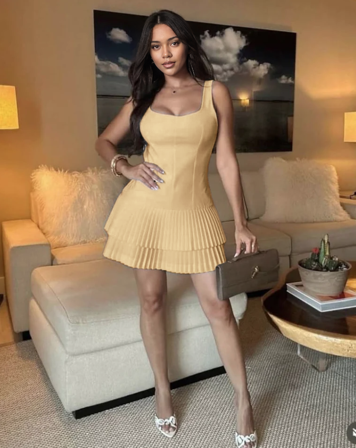 Tan sleeveless mini dress with pleated flared skirt and scoop neckline