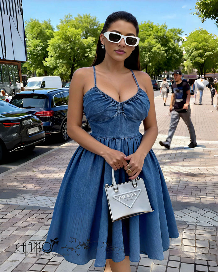 Dress Ruched Denim Maxi Strap Chic Casual