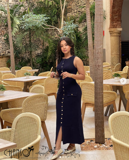 Black sleeveless knitted midi dress with button front and patch pockets
