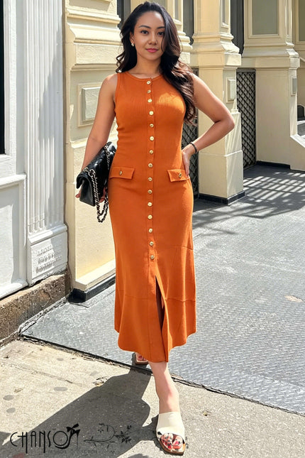 Peru orange sleeveless knitted midi dress, button front and side slit