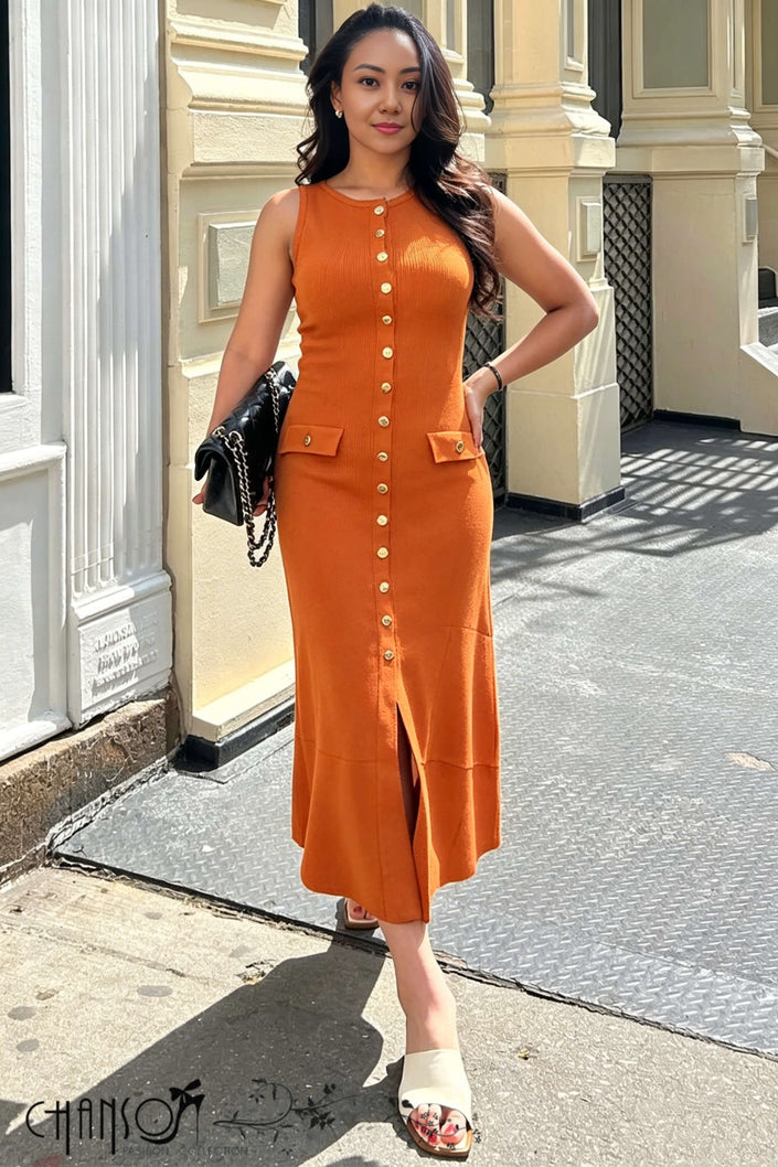 Orange sleeveless midi knitted dress, button-front with chest pockets and side slits