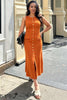 Orange sleeveless midi knitted dress, button-front with chest pockets and side slits