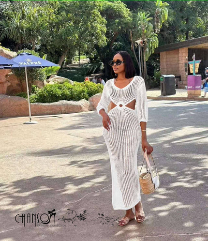 White crochet maxi dress with center cutout and open-knit long sleeves, netted