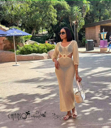 Tan crochet maxi dress with chest and waist cutouts, open-knit long sleeves