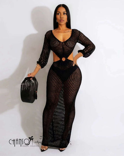 Black crochet maxi dress with cutout waist and long sleeves, open-knit sheer look