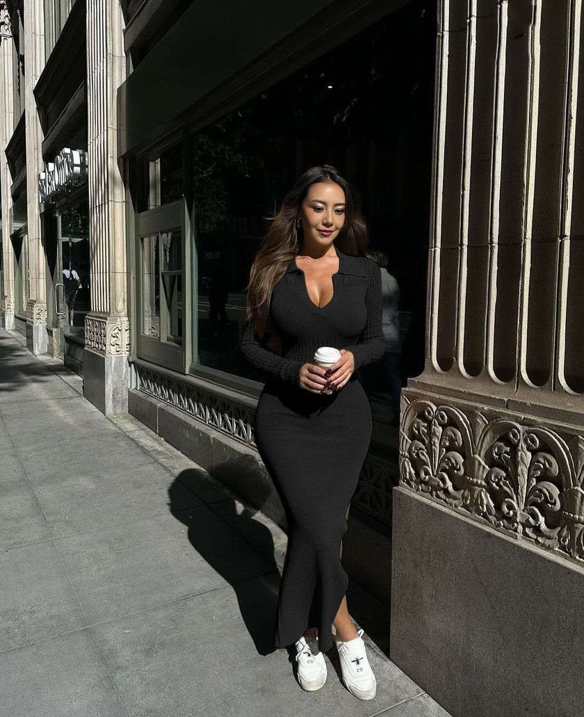 Black knitted midi dress, slim fit V-neck with long sleeves and fitted hem