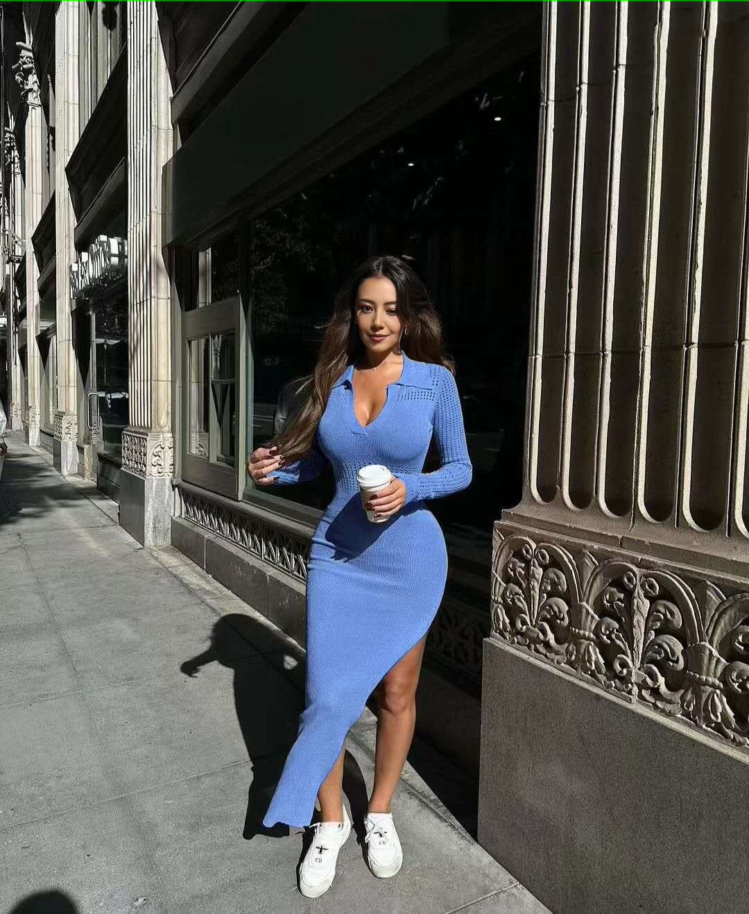 Sky-blue knitted midi dress, slim fit V-neck with long sleeves and fitted hem
