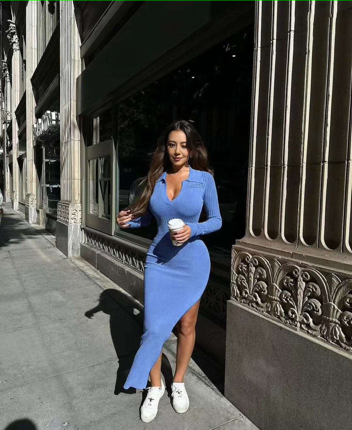 Sky-blue knitted midi dress, slim fit V-neck with long sleeves and fitted hem
