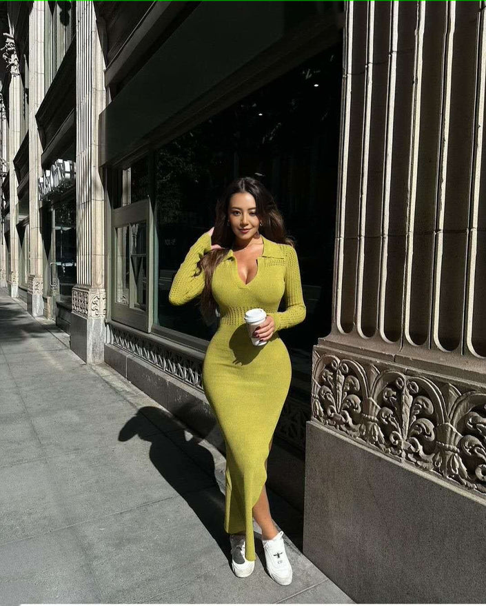 Green-yellow knitted midi dress, slim fit V-neck with long sleeves and fitted hem