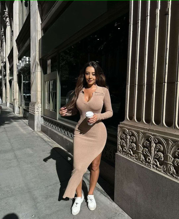 Nude knitted midi dress, slim fit V-neck with long sleeves and fitted hem