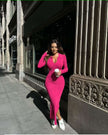 Hot-pink knitted midi dress, slim fit V-neck with long sleeves and fitted hem