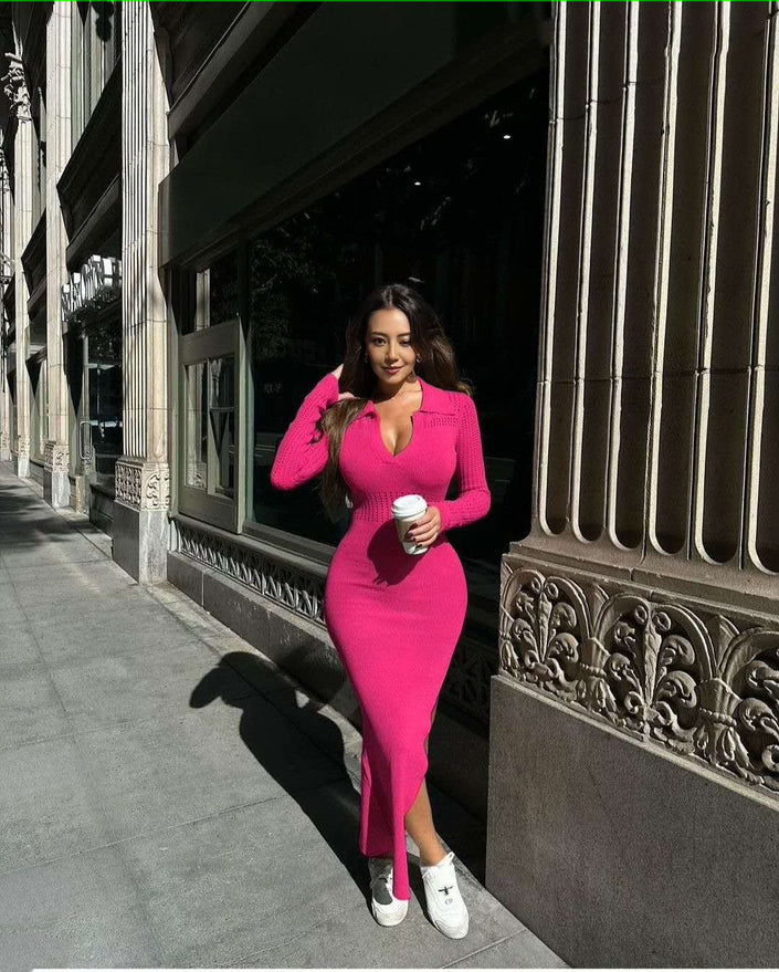 Hot-pink knitted midi dress, slim fit V-neck with long sleeves and fitted hem