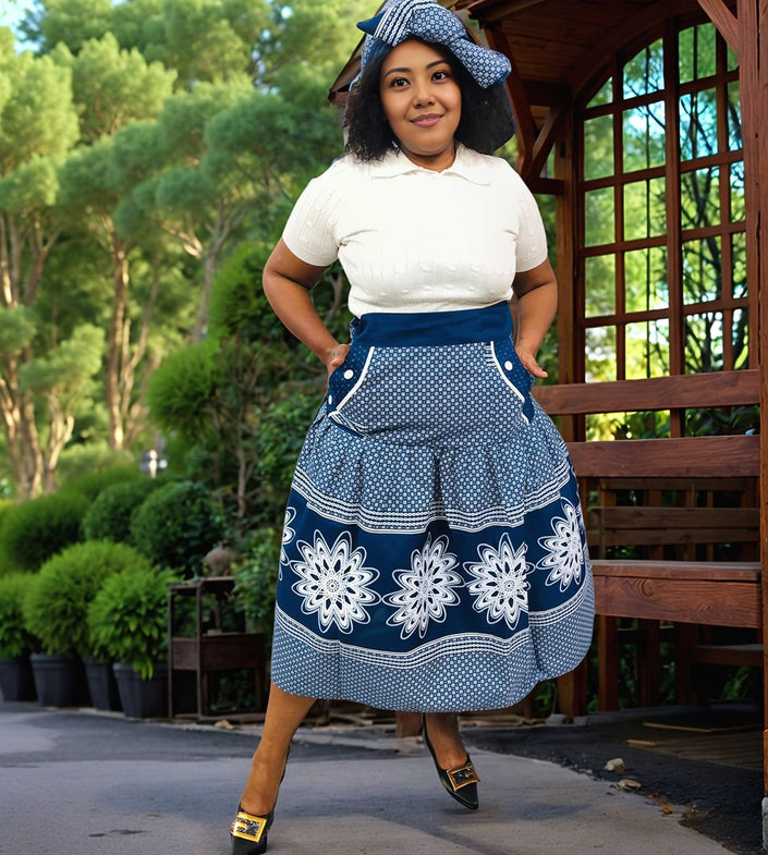 A-line vintage skirt, blue with white polka dots and floral border hem
