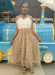 Burlywood layered pleated midi skirt with ruffle tiers and elastic waistband
