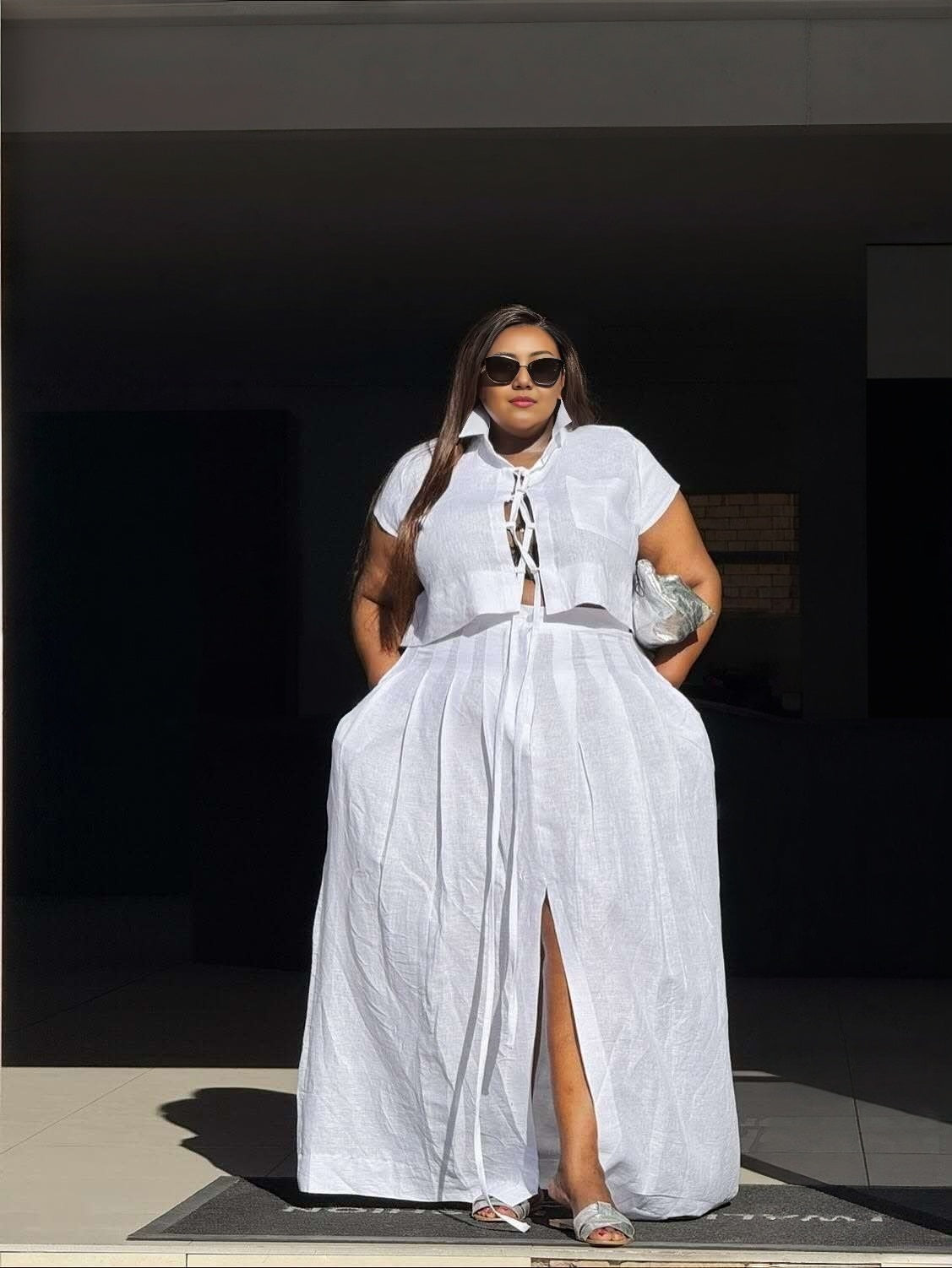 Collared Lace Up Wide Leg Pants Set