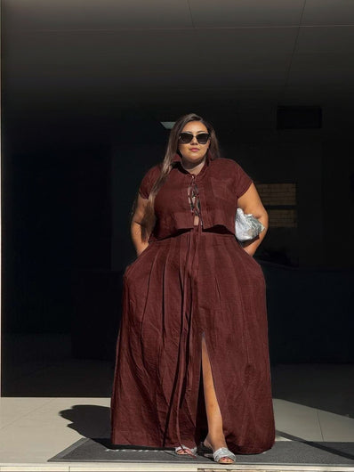 Collared lace-up wide-leg pants set in maroon, with short-sleeve top and lace-up placket