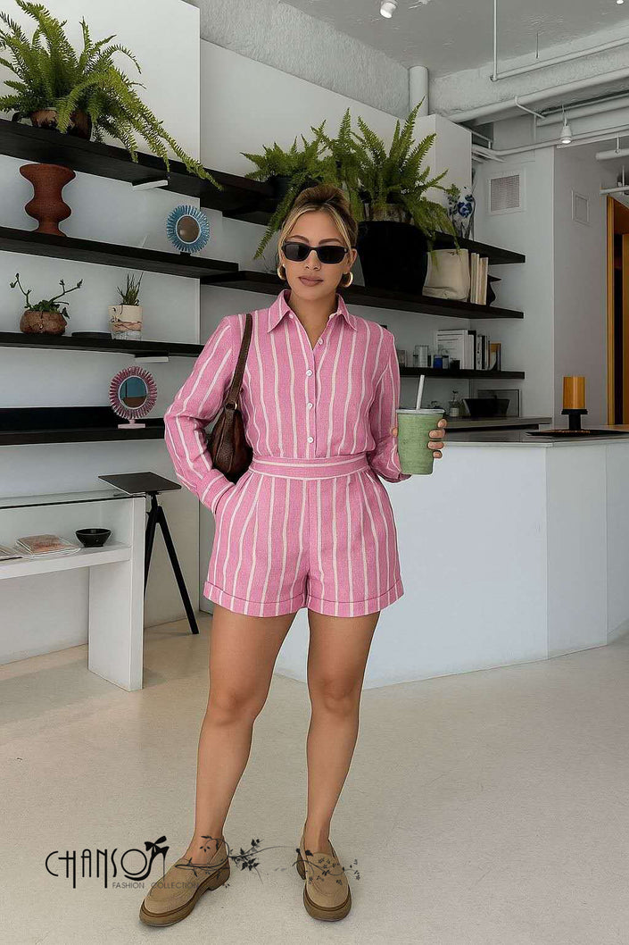 Pink striped shirt and shorts set with button front and collar, long sleeves