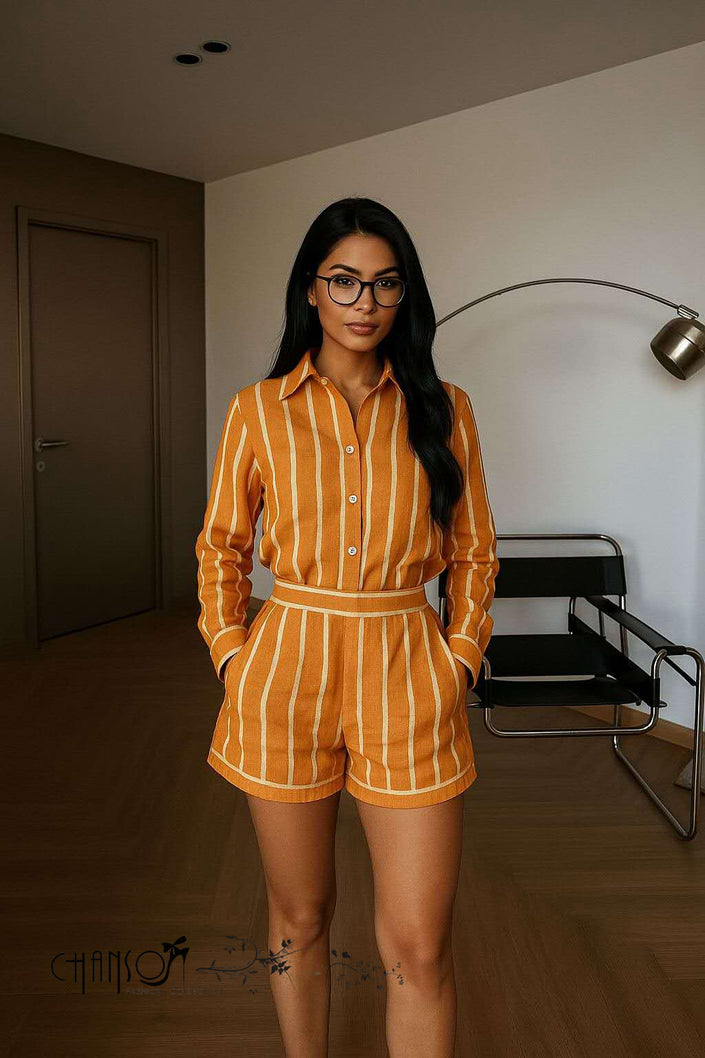 Orange striped shirt and shorts set with button front and collar, long sleeves