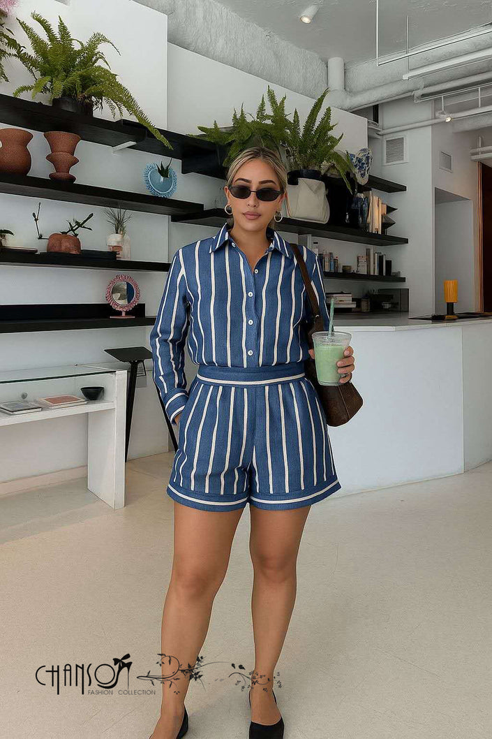 Blue striped shirt and shorts set with button front and collar, long sleeves
