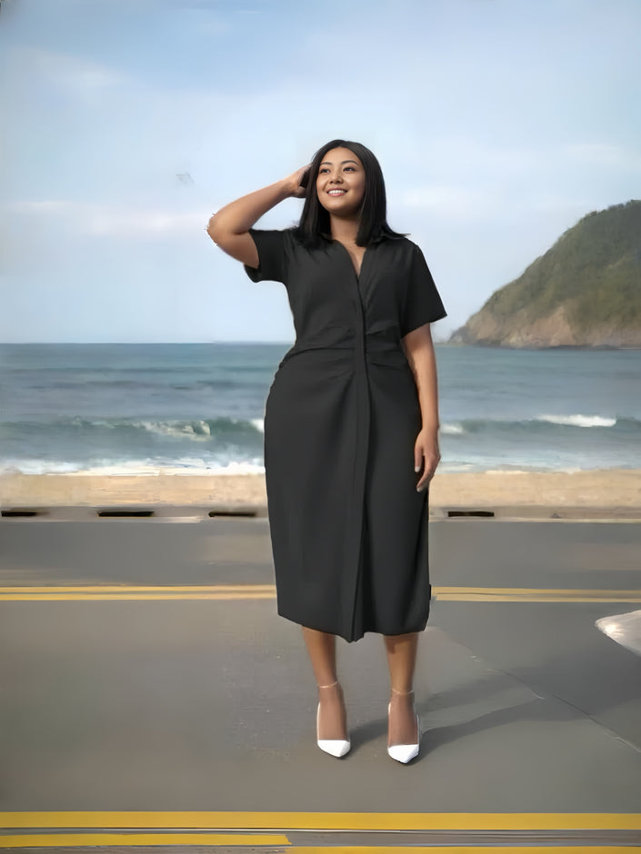 Black midi dress with V-neck, short sleeves, ruched waist front