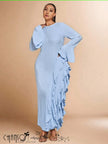Maxi Evening Dress Boat Neck Flare Long Sleeve Fitted Silhouette Side Cascading Ruffles For Dinner Formal Social Events