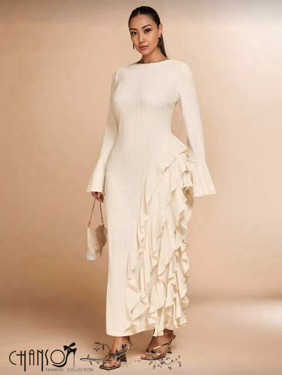 Maxi Evening Dress Boat Neck Flare Long Sleeve Fitted Silhouette Side Cascading Ruffles For Dinner Formal Social Events