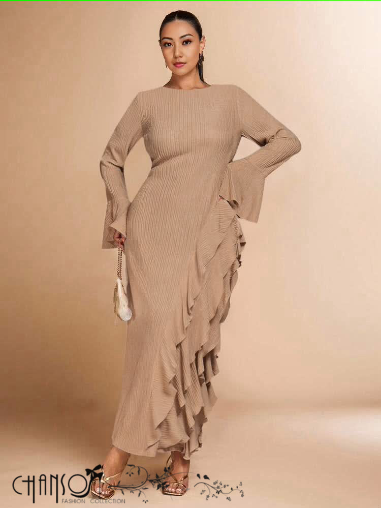 Maxi Evening Dress Boat Neck Flare Long Sleeve Fitted Silhouette Side Cascading Ruffles For Dinner Formal Social Events