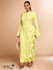 Maxi Evening Dress Boat Neck Flare Long Sleeve Fitted Silhouette Side Cascading Ruffles For Dinner Formal Social Events