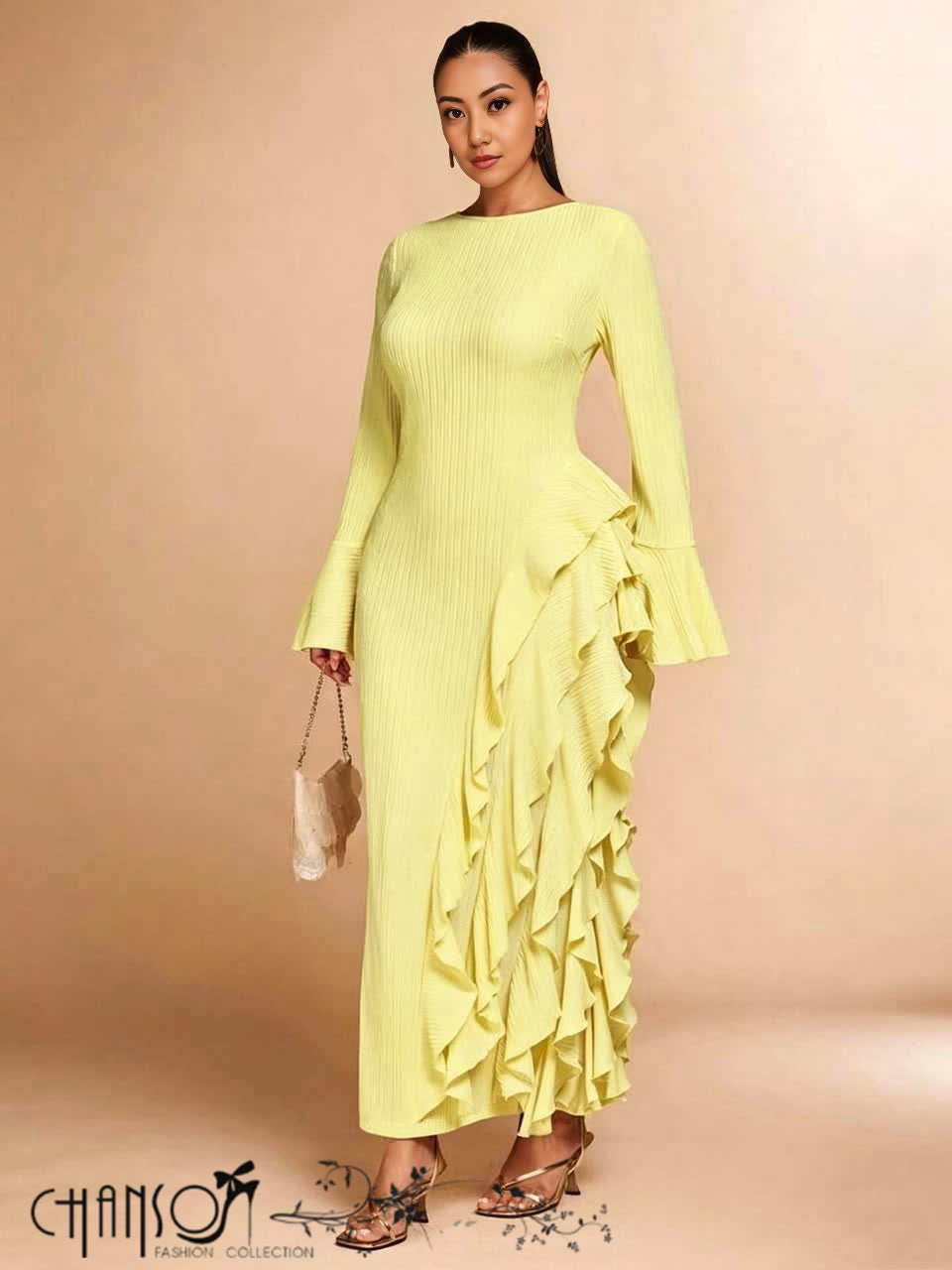 Maxi Evening Dress Boat Neck Flare Long Sleeve Fitted Silhouette Side Cascading Ruffles For Dinner Formal Social Events