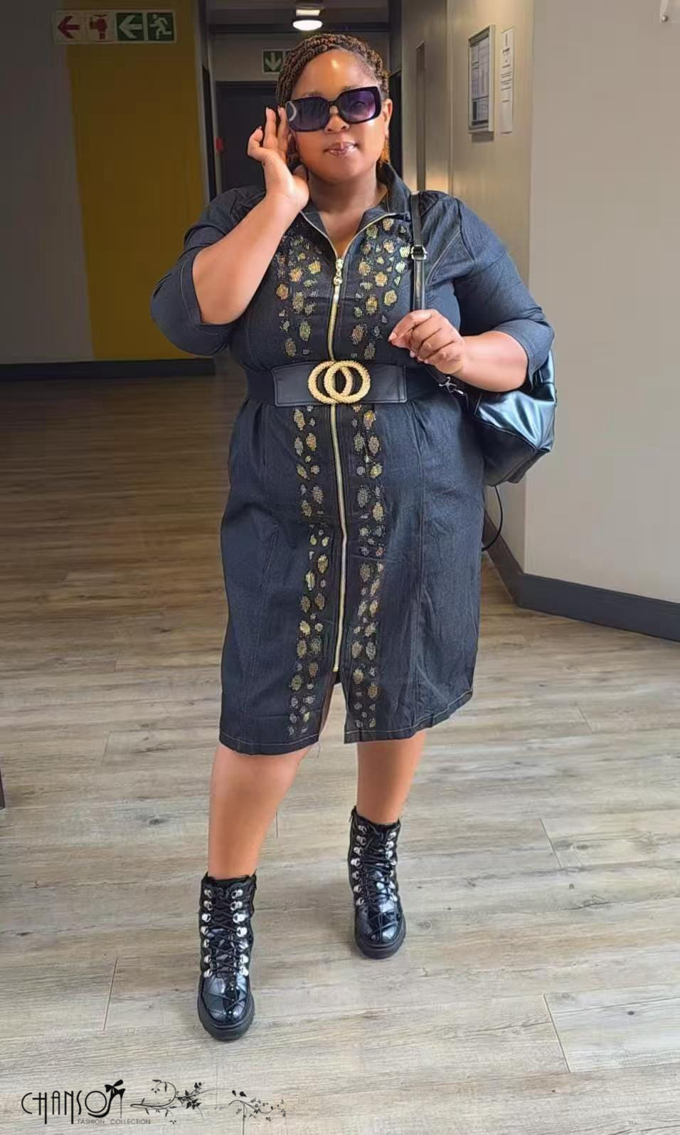 Plus size embroidered collared zip-front midi dress in dark denim blue with gold trim