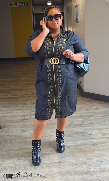Plus size embroidered collared zip-front midi dress in dark denim blue with gold trim