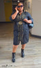 Plus size embroidered collared zip-front midi dress in dark denim blue with gold trim