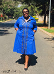 Plus size embroidered collared zip-front midi dress, denim blue with decorative trim